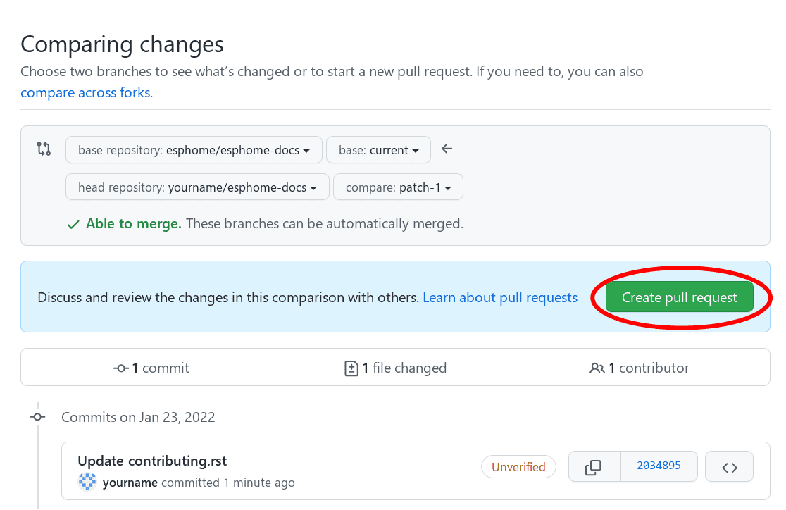 the pull request prompt screen in GitHub with the "Create pull request" button circled