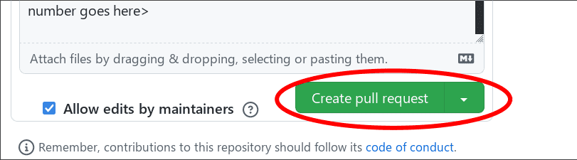 the pull request creation screen in GitHub with the "Create pull request" button circled