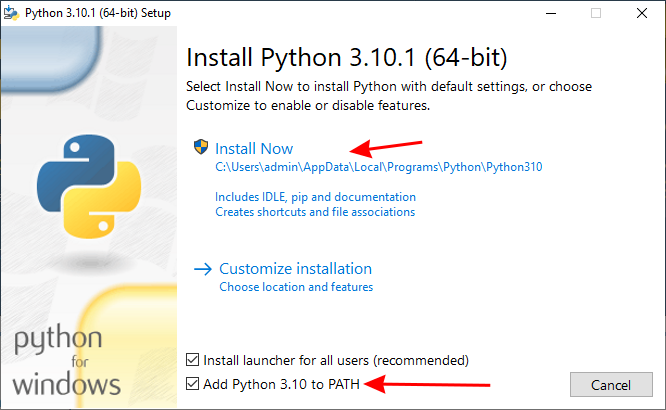 Python installer window with arrows pointing to "Add Python to PATH" and "Install Now"